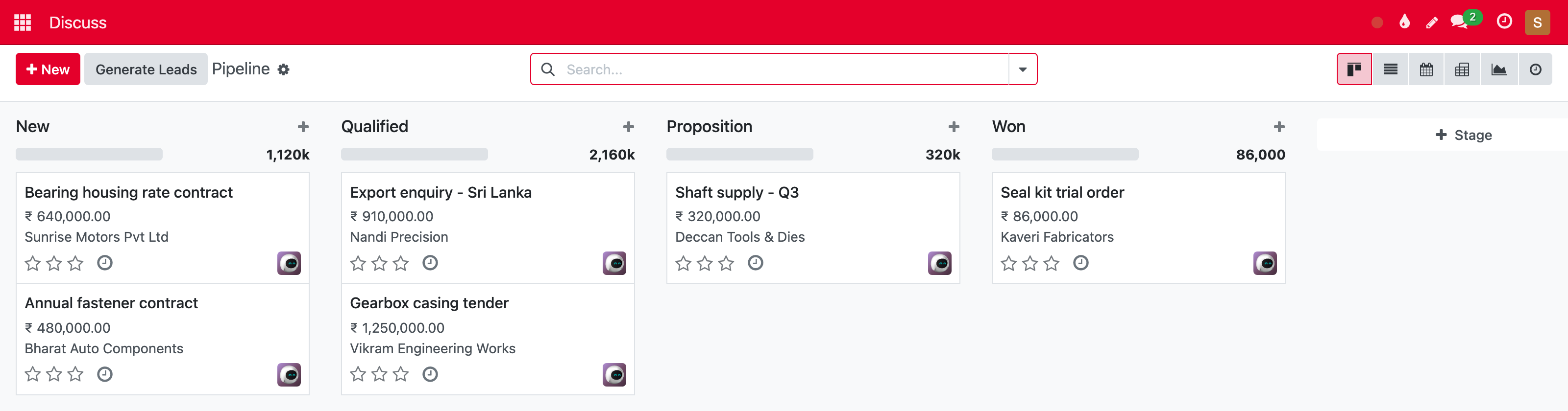 Sales pipeline with live deal values
